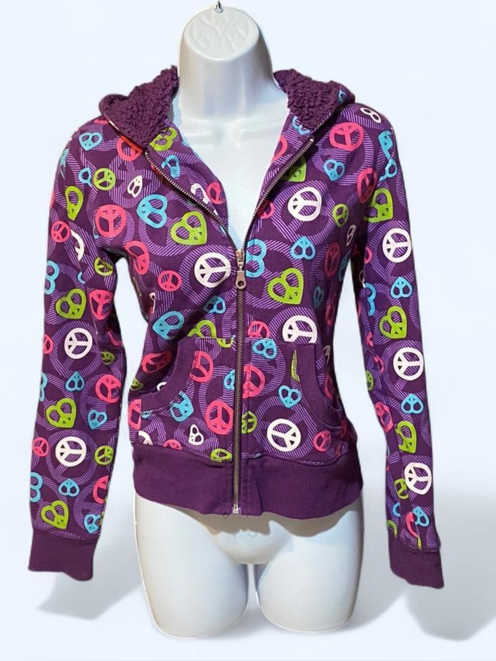 Y2K multicolored peace & heart sign purple zip up jacket